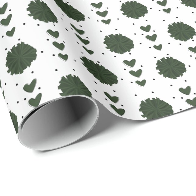Forest Green Cheerleader Pom Poms & Hearts Pattern Wrapping Paper (Roll Corner)