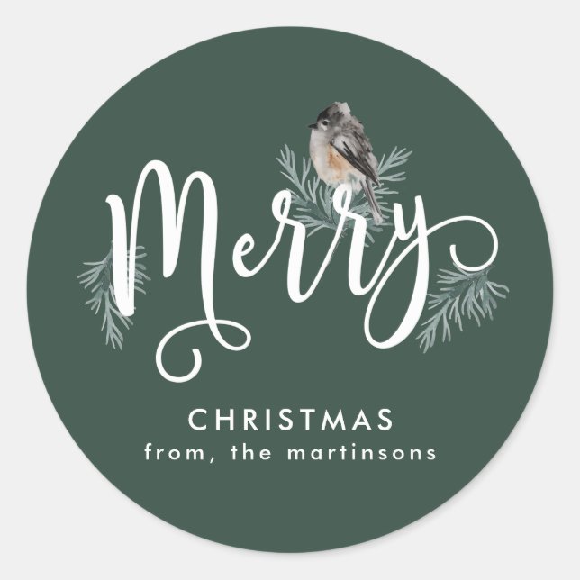 Forest Green Christmas with Cosy Bird Holiday Classic Round Sticker (Front)