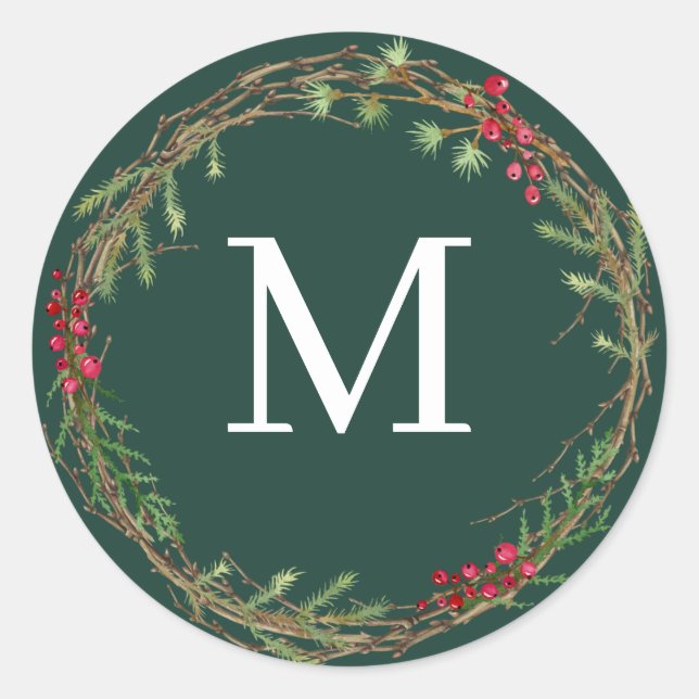 Forest Green Christmas Wreath Monogram Seal (Front)