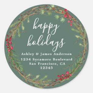 Forest Green Christmas Wreath Return Address Classic Round Sticker