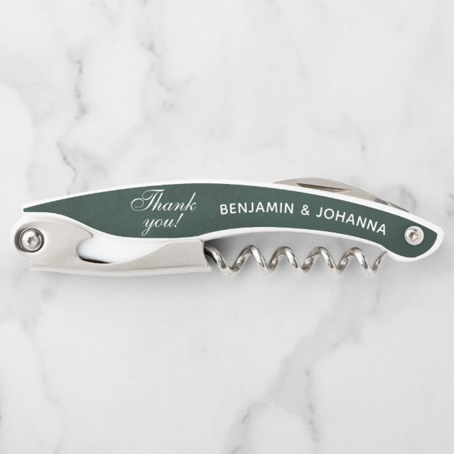 Forest Green Custom Wedding Thank You Favours Corkscrew (Front)