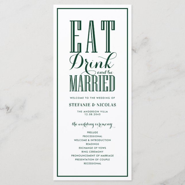 Forest Green Eat Drink and be Married Wedding Programme (Front)