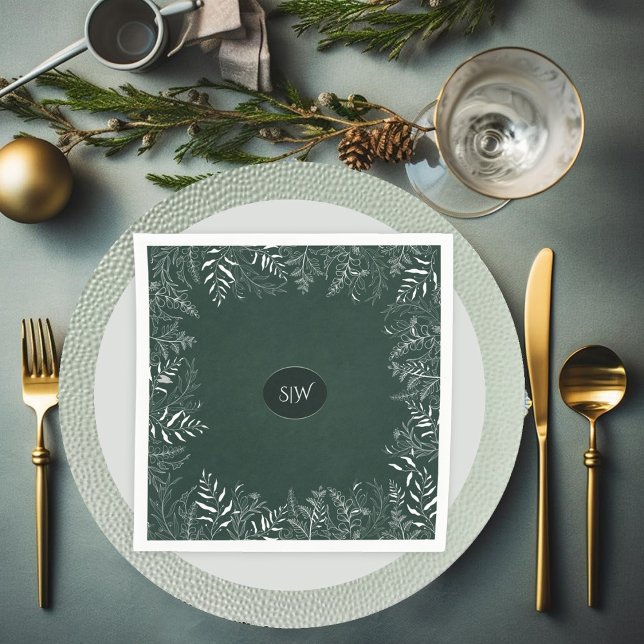 Forest Green Elegant Leafy Frame Monogram Napkin (Creator Uploaded)