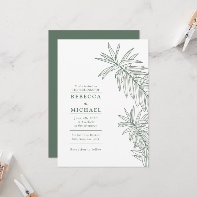 Forest Green Elegant Minimalist Botanical  Invitation (Front/Back In Situ)