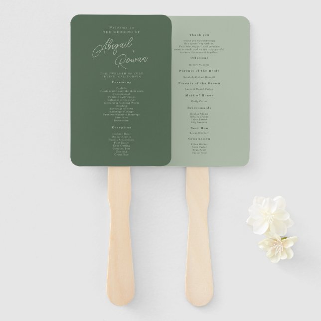 Forest Green Elegant Wedding Program Hand Fan (Front and Back)