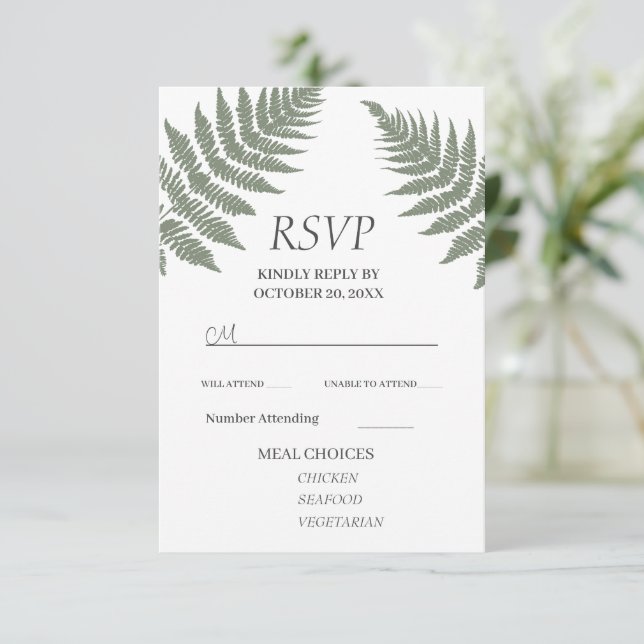 Forest Green Ferns Outdoors Wedding  RSVP Card (Standing Front)