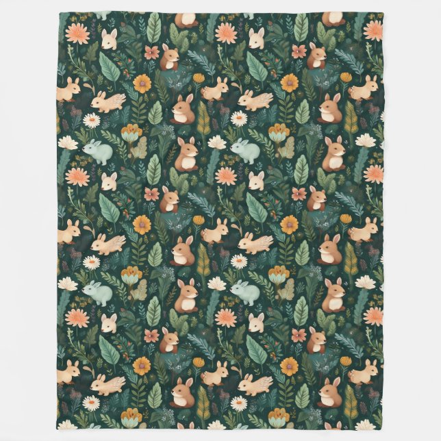 Forest Green Fleece Blanket with Vibrant Animals (Front)