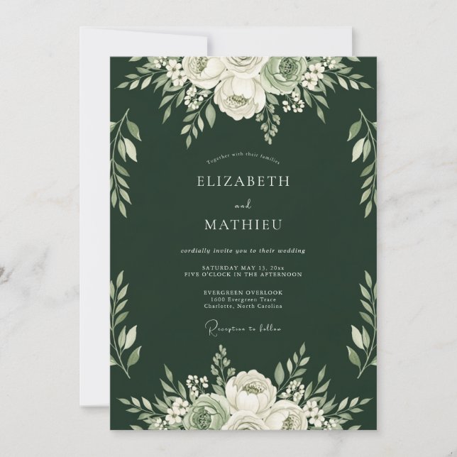 Forest Green Floral Romance Wedding Invitation (Front)