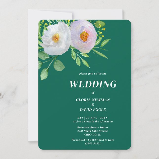 Forest Green Floral Wedding Invitation (Front)