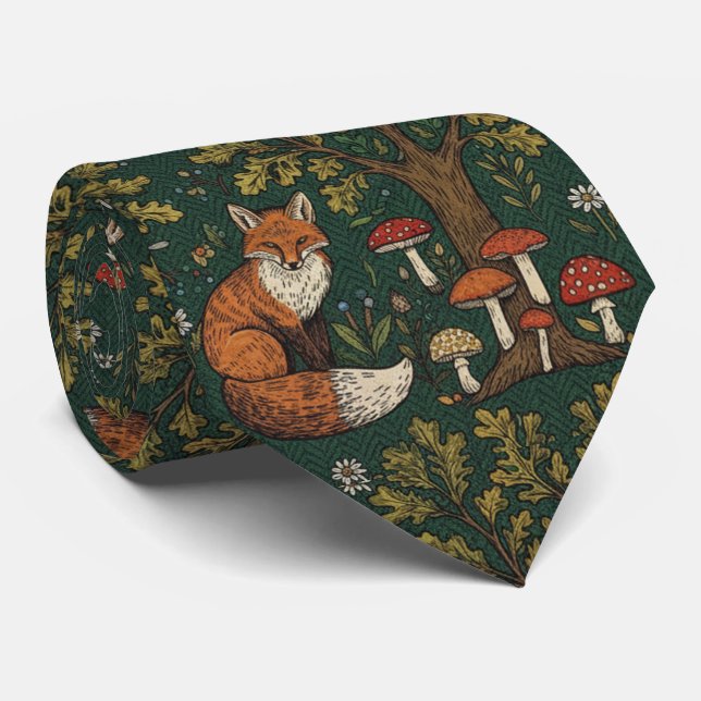 Forest Green Fox & Mushrooms  Tie (Rolled)