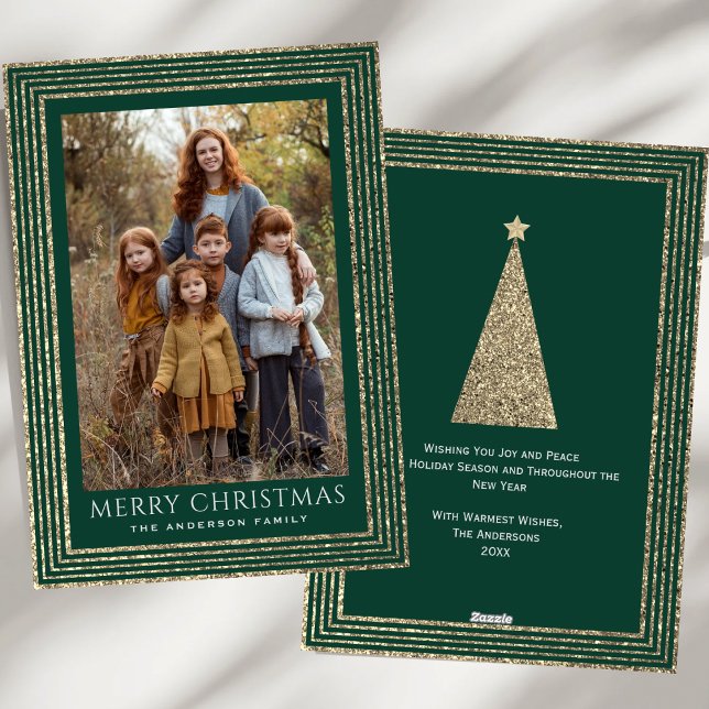 Forest Green Glittered Modern Christmas Tree Photo Holiday Card (Creator Uploaded)
