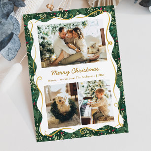 Forest Green Gold Botanical Christmas 3 Photo Holiday Card