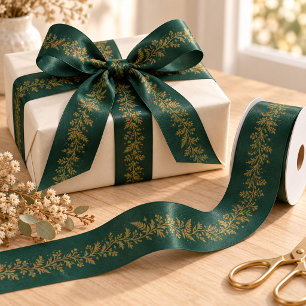 Forest Green Gold Botanical Garland Ribbon Satin Ribbon