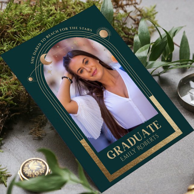 Forest Green Gold Celestial Graduation Photo Invitation (Creator Uploaded)