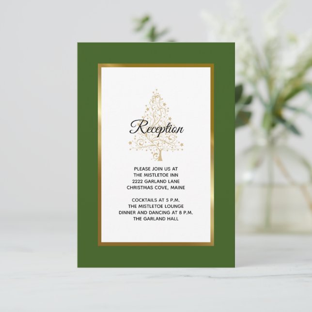 Forest Green Gold Christmas Tree Wedding Reception Enclosure Card (Standing Front)