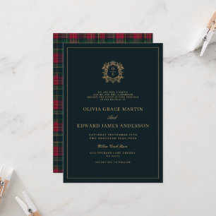 Forest Green Gold Crest Monogram Tartan Winter Invitation