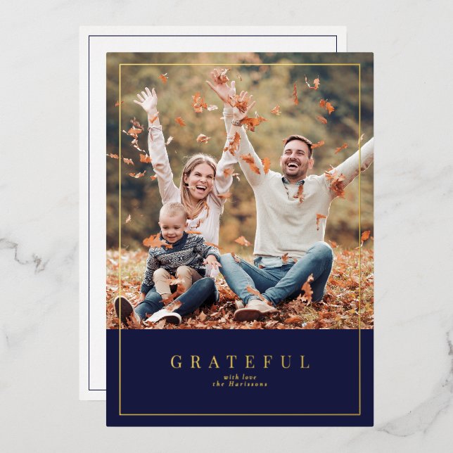 Forest green gold foil Thanksgiving family photo  (Front/Back)