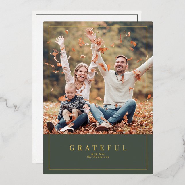 Forest green gold foil Thanksgiving family photo c (Front/Back)