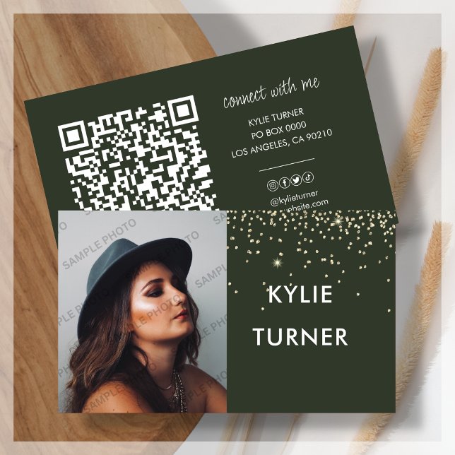 Forest Green | Gold Glitter | QR Code | Photo Business Card (Creator Uploaded)