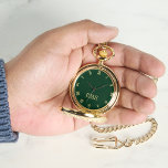 Forest Green Gold Monogrammed Classic Retro Pocket Watch<br><div class="desc">Custom, personalised, unisex, elegant faux gold monogrammed on dark forest green colour dial, stylish cool unique classy, mens womens unisex, premium alloy, classic timepiece, gold pocket watch. Simply type in your name / monogram / initials, to customise. Makes a great gift, for birthday, graduation, fathers day, christmas, holidays, wedding, marriage...</div>