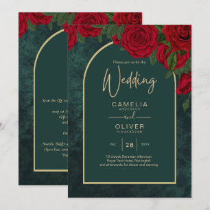 Forest Green Gold RED Roses Winter Wedding Invitation