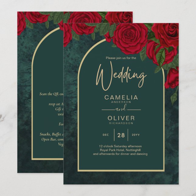 Forest Green Gold RED Roses Winter Wedding Invitation (Front/Back)