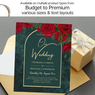 Forest Green Gold RED Roses Winter Wedding Invitation
