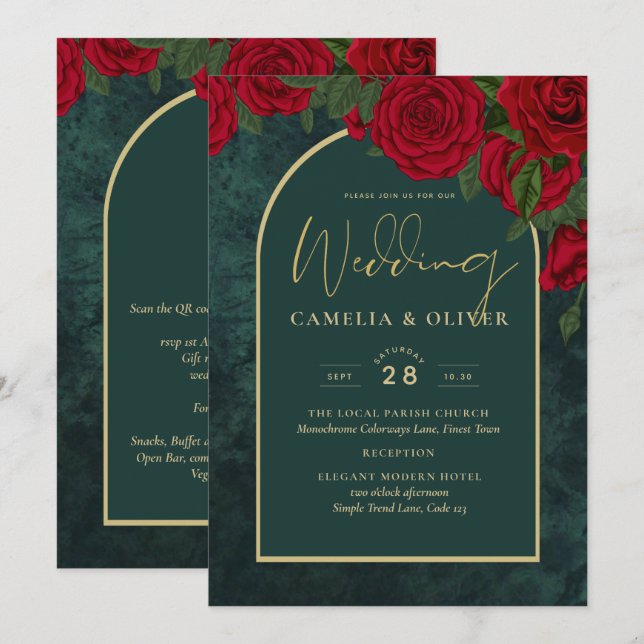 Forest Green Gold RED Roses Winter Wedding Invitation (Front/Back)