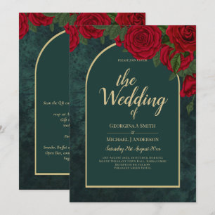 Forest Green Gold RED Roses Winter Wedding Invitation
