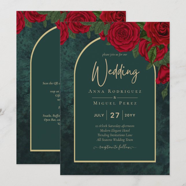 Forest Green Gold RED Roses Winter Wedding Invitation (Front/Back)