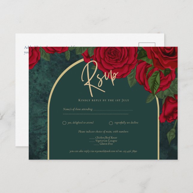 Forest Green Gold RED Roses Winter Wedding Postcard (Front/Back)