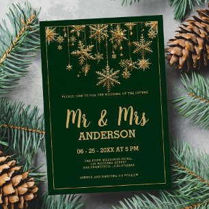 Forest green gold script MR MRS snowflake Wedding Invitation