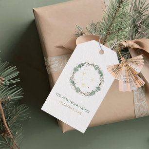Forest Green Gold Stars Christmas Family Name Gift Tags