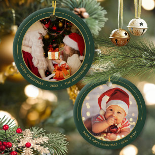 Forest Green Gold Two Photo Baby First Christmas Ceramic Tree Decoration