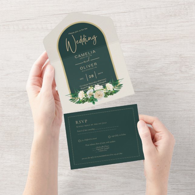 Forest Green Gold White Roses Winter Wedding All In One Invitation (Tearaway)
