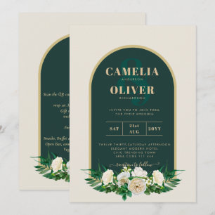 Forest Green Gold White Roses Winter Wedding Invitation