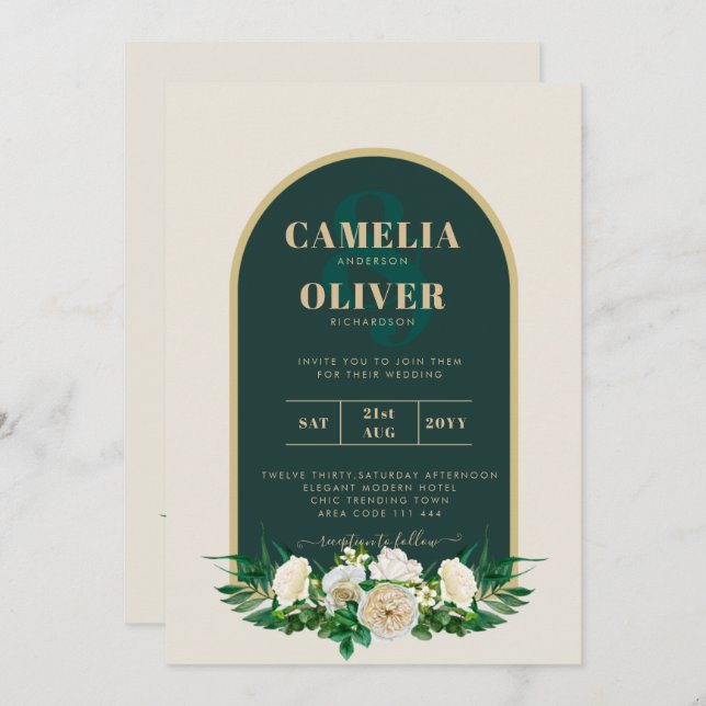 Forest Green Gold White Roses Winter Wedding Invitation (Front/Back)