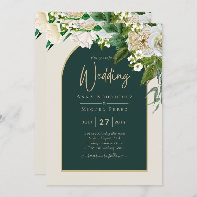 Forest Green Gold White Roses Winter Wedding Invitation (Front/Back)