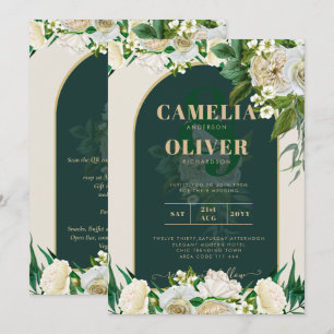 Forest Green Gold White Roses Winter Wedding Invitation