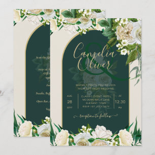 Forest Green Gold White Roses Winter Wedding Invitation