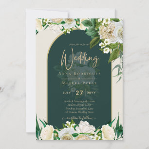 Forest Green Gold White Roses Winter Wedding Invitation