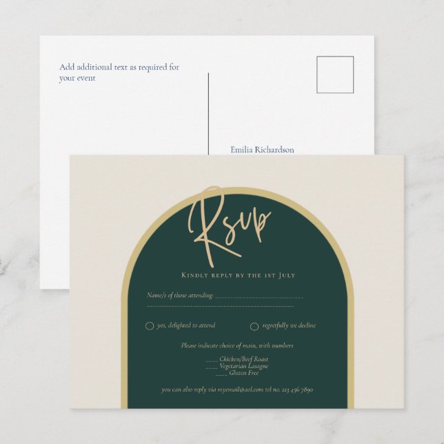 Forest Green Gold White Roses Winter Wedding RSVP Postcard (Front/Back)