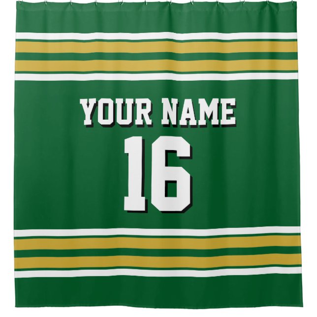 Forest Green Gold White Stripes Sports Jersey Shower Curtain (Front)