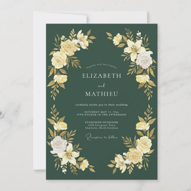 Forest Green Golden Bloom Wedding Invitation (Front)