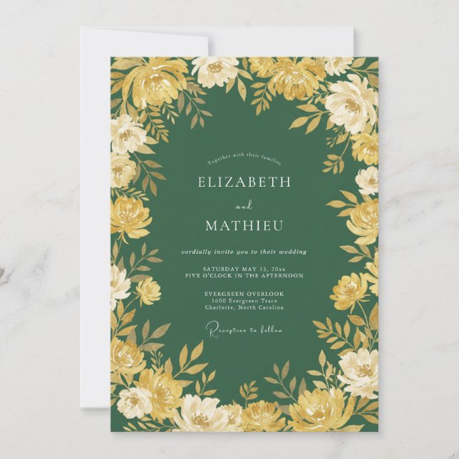 Forest Green Golden Blossom Romance Wedding Invitation (Front)