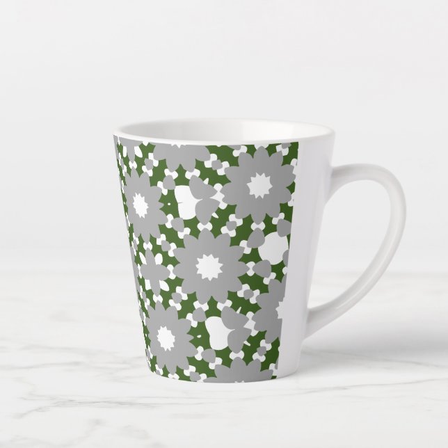 Forest Green Grey White Connected Circles Pattern Latte Mug (Right)
