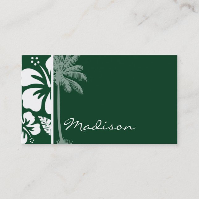 Forest Green Hawaiian Tropical Hibiscus; Palm Business Card (Front)