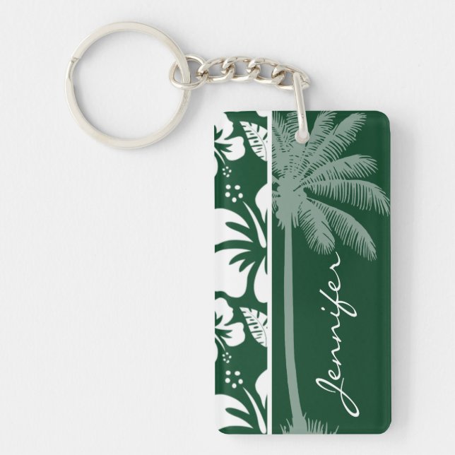 Forest Green Hawaiian Tropical Hibiscus; Palm Key Ring (Front)
