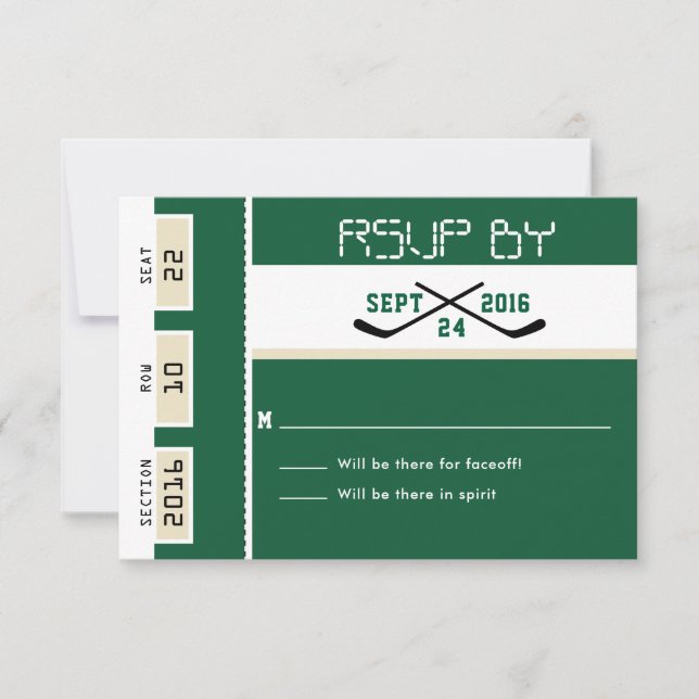 Forest Green Hockey Ticket Wedding RSVP Card (Front)