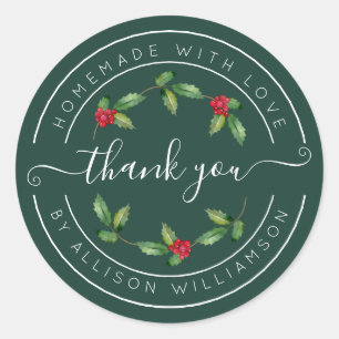 Forest Green Holly Christmas Thank You Classic Round Sticker